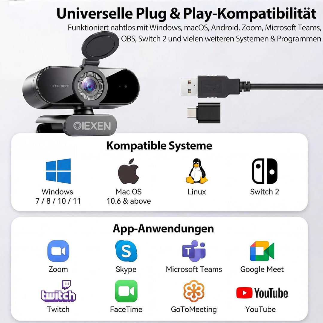 1080p Webcam mit Mikrofon &amp; Rauschunterdrückung, Full HD PC Kamera | Automatische Lichtkorrektur, 90