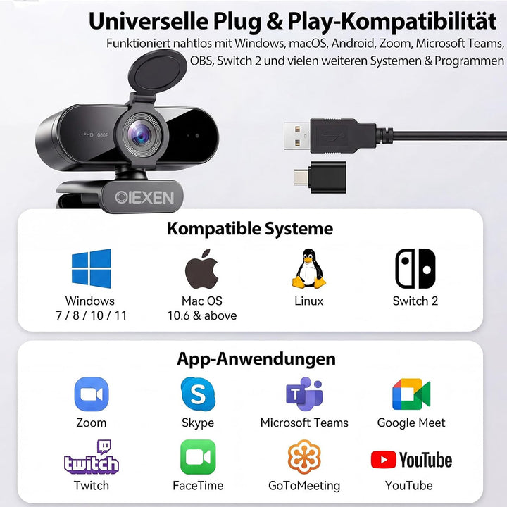 1080p Webcam mit Mikrofon &amp; Rauschunterdrückung, Full HD PC Kamera | Automatische Lichtkorrektur, 90