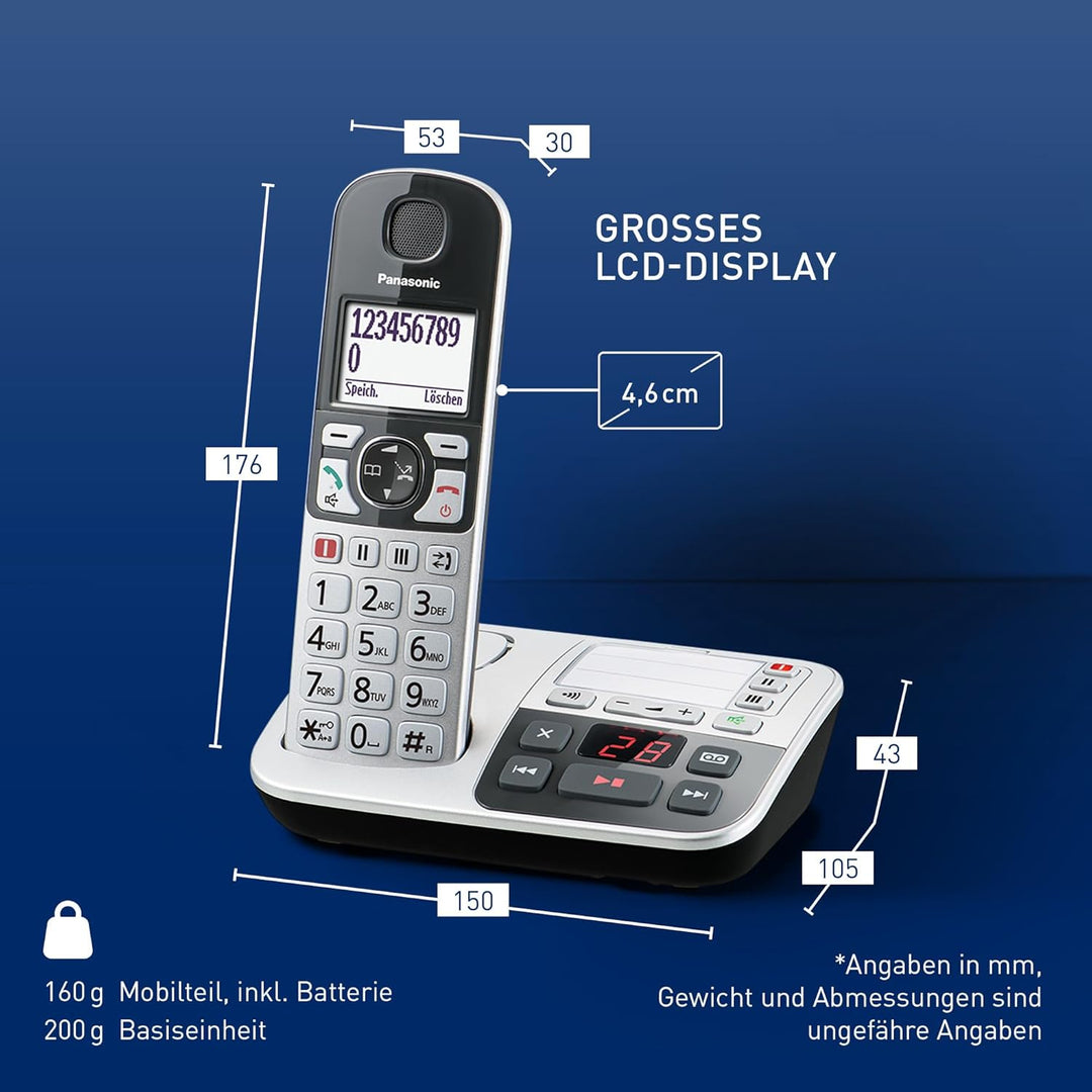 Panasonic KX-TGE520GS Senioren Schnurlostelefon mit Anrufbeantworter, Station & Hörer, Freisprechein