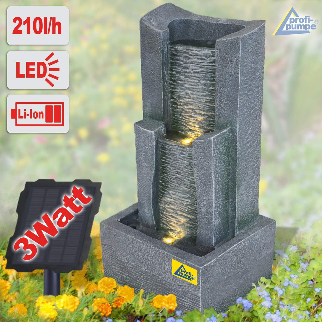 profi-pumpe.de Solar Gartenbrunnen Brunnen Solarbrunnen 3-Stufige Stein-Kaskade mit LED-Licht, Zierb