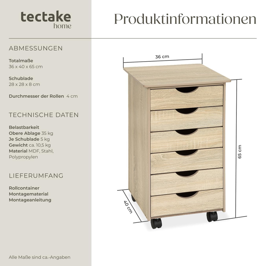 TecTake 800055 Rollcontainer mit Rollen und 6 Schubladen - diverse Farben - (Holz hell, Eiche Sonoma