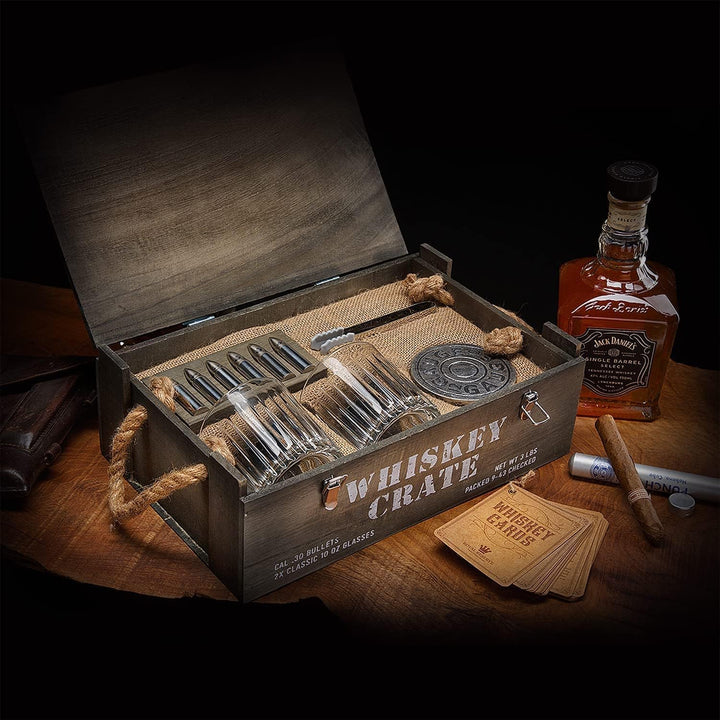 Whisky Geschenkset – Whiskey Gläser, Kugeln Steine und Untersetzer, Eiszange, Holzkiste, Geschichts-
