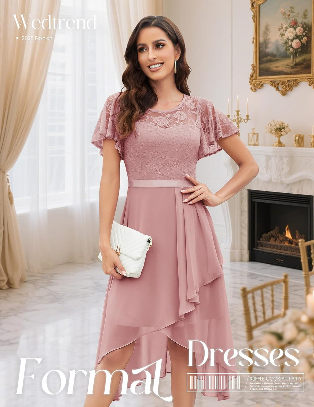 Wedtrend Abendkleid Damen Elegant für Hochzeit High Low Cocktailkleid Chiffonkleid mit Spitzen A Lin