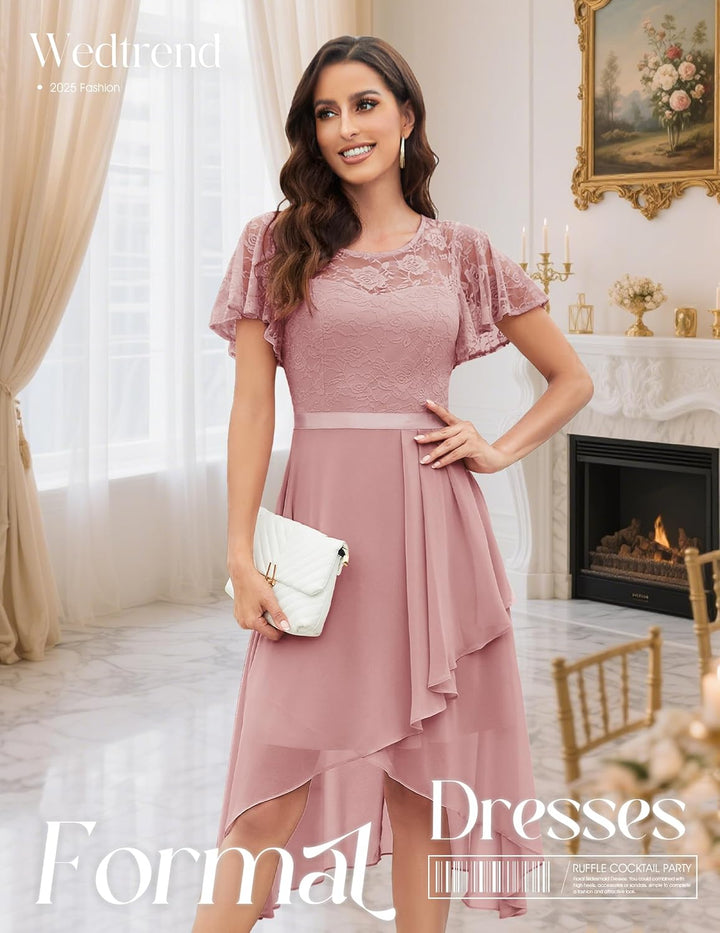 Wedtrend Abendkleid Damen Elegant für Hochzeit High Low Cocktailkleid Chiffonkleid mit Spitzen A Lin