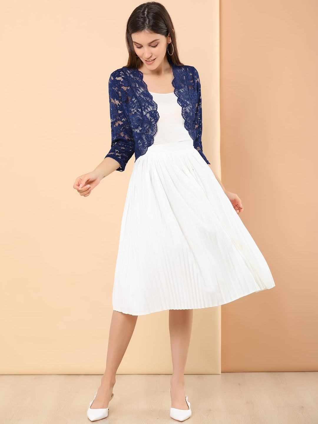Allegra K Elegantes Damen-Oberteil mit 3/4-Ärmeln, durchscheinend, florales Spitzenoberteil L Navy,