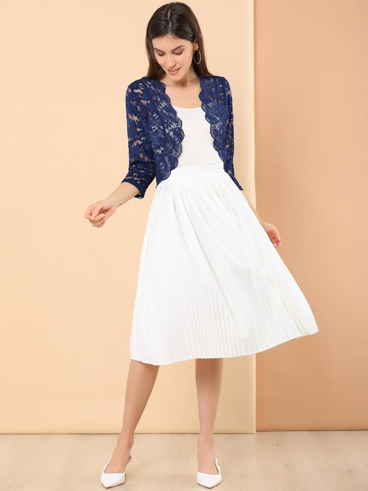 Allegra K Elegantes Damen-Oberteil mit 3/4-Ärmeln, durchscheinend, florales Spitzenoberteil L Navy,