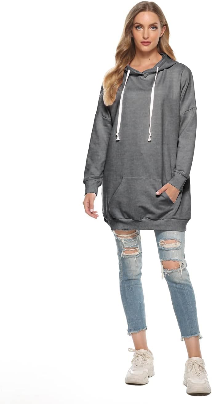 Famulily Damen Oversized Hoodie Kleid Baumwolle Lang Sweatshirt mit Kapuze Einfarbige Kapuzenpullove