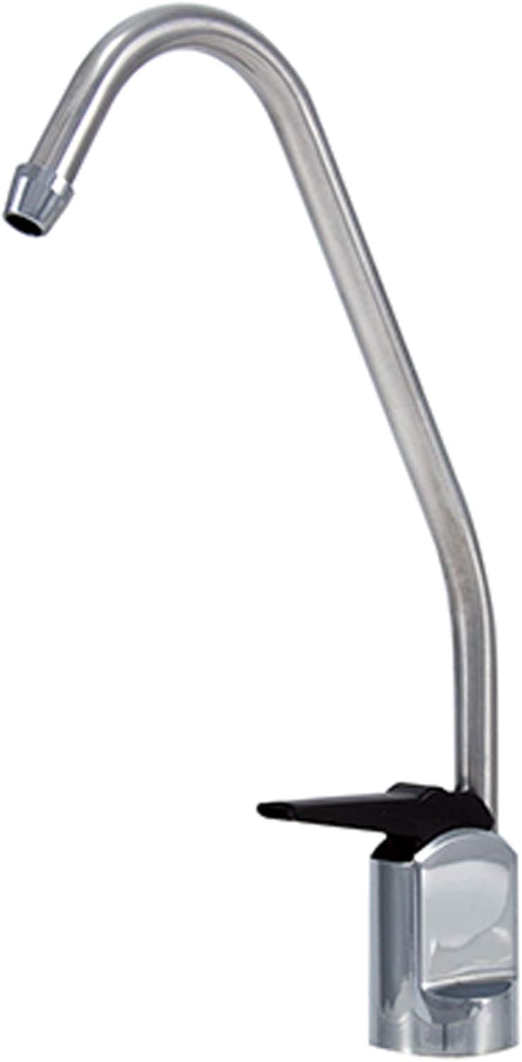 Schwarzer verchromter Wasserhahn mit Druckknopf für häusliche Umkehrosmoseanlagen. Zur Abgabe von os