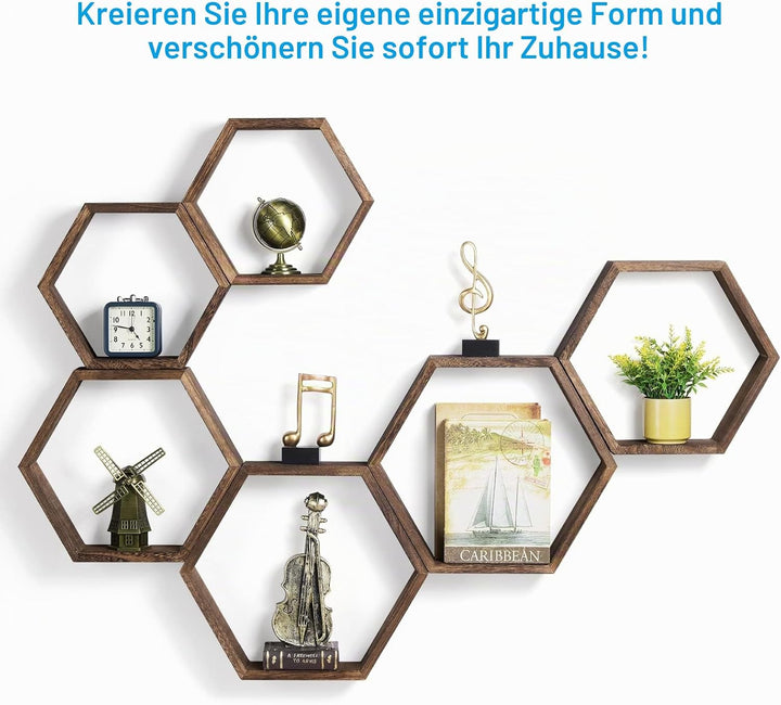 YBING Schwebendes Sechseck-Regal Wandregal aus Holz (Braun-6Pack), Braun