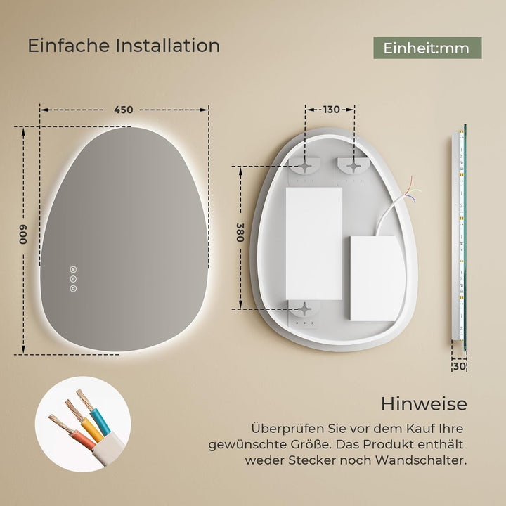 S'AFIELINA Spiegel mit Beleuchtung Asymmetrischer LED Badspiegel 60 × 45 × 2,5 cm (H × B × T) mit To