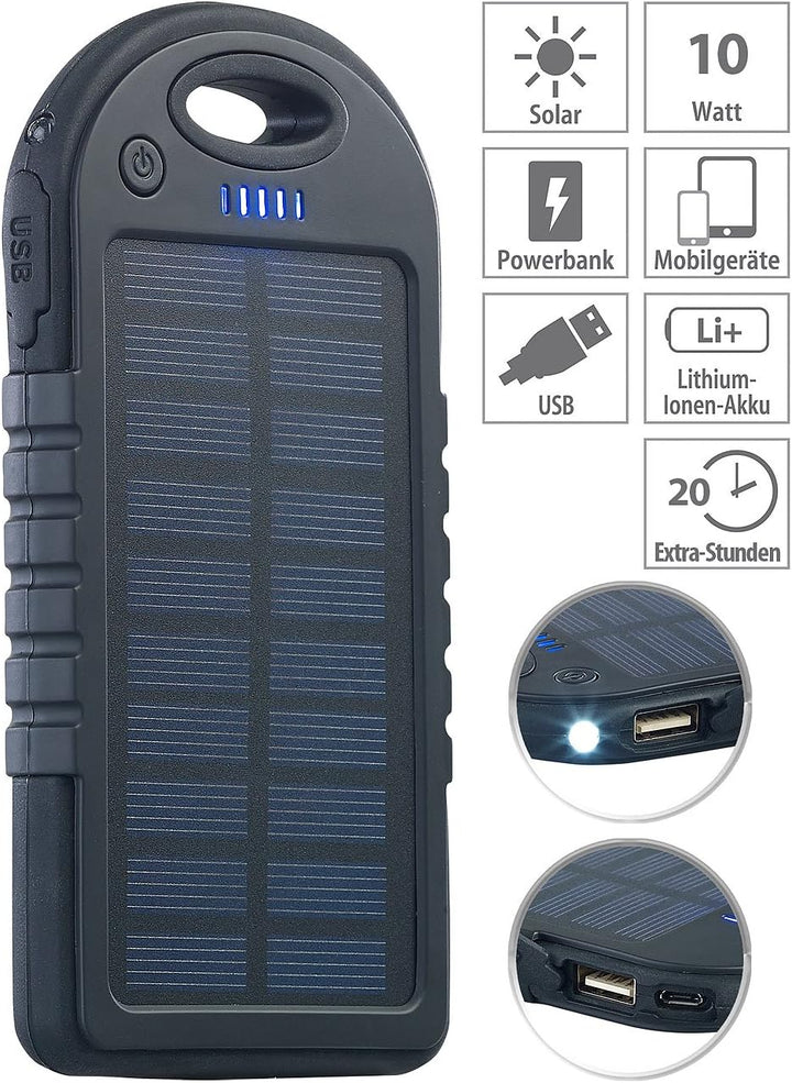 revolt Solarbank für Handy: Solar-Powerbank mit 4.000 mAh & Taschenlampe, 2X USB, bis 2 A, 10 Watt (