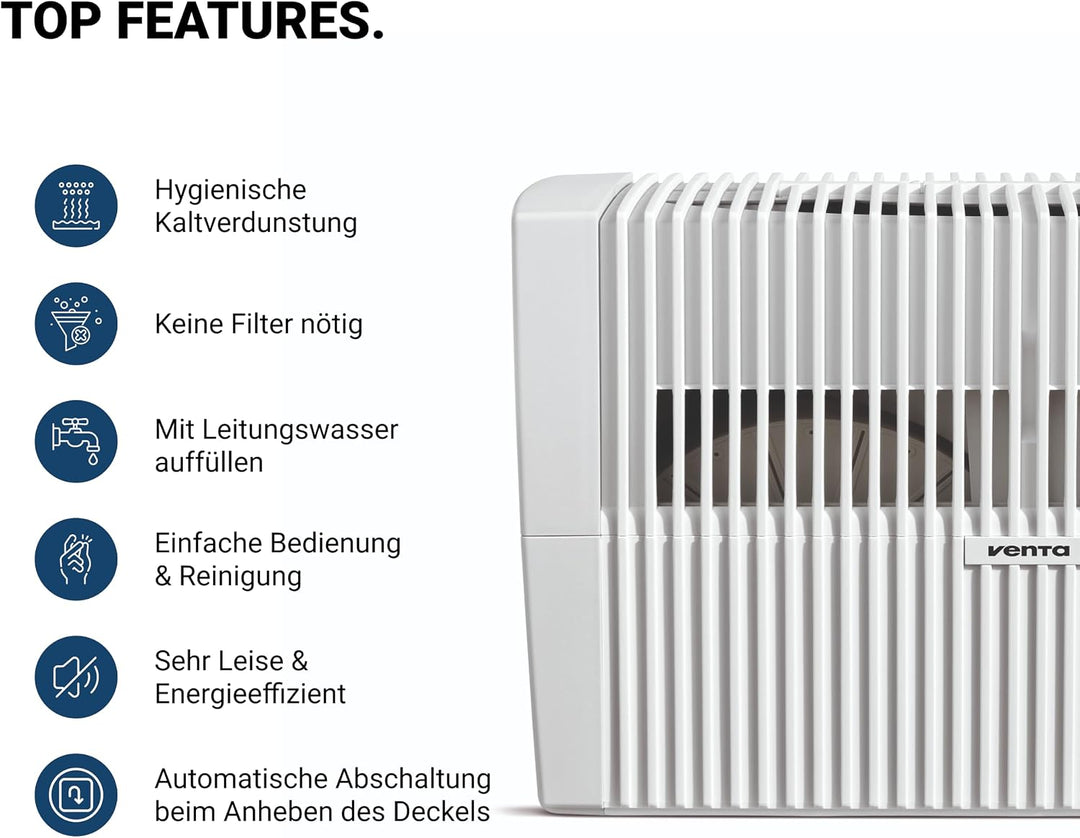 Venta Luftbefeuchter LW45 Classic Original, sehr leise 20 dB(A), energieeffizient 2 Watt, hygienisch