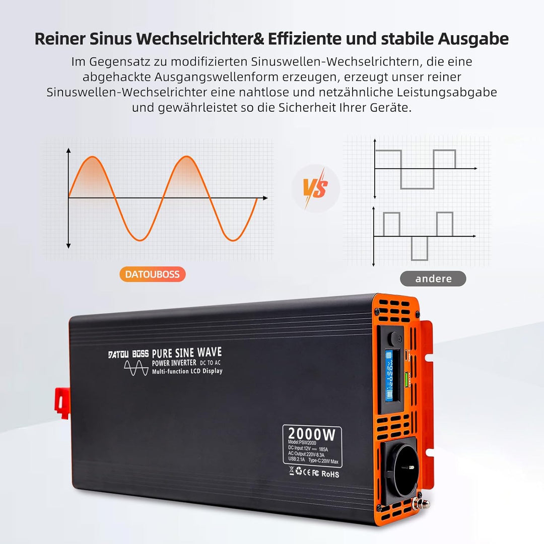 DATOUBOSS 2000W Reiner Sinus Wechselrichter 12V auf 230V (4000W Peak), Spannungswandler mit Funkfern