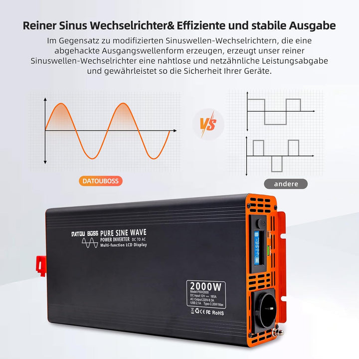 DATOUBOSS 2000W Reiner Sinus Wechselrichter 12V auf 230V (4000W Peak), Spannungswandler mit Funkfern
