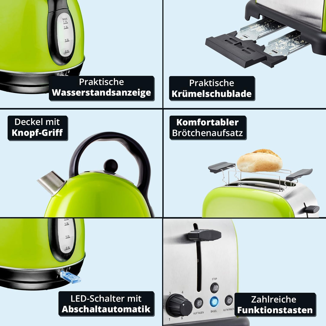 KHG Retro Frühstücksset | Toaster 2 Scheiben mit Brötchenaufsatz, 7 Bräunungsstufen 850W | Wasserkoc
