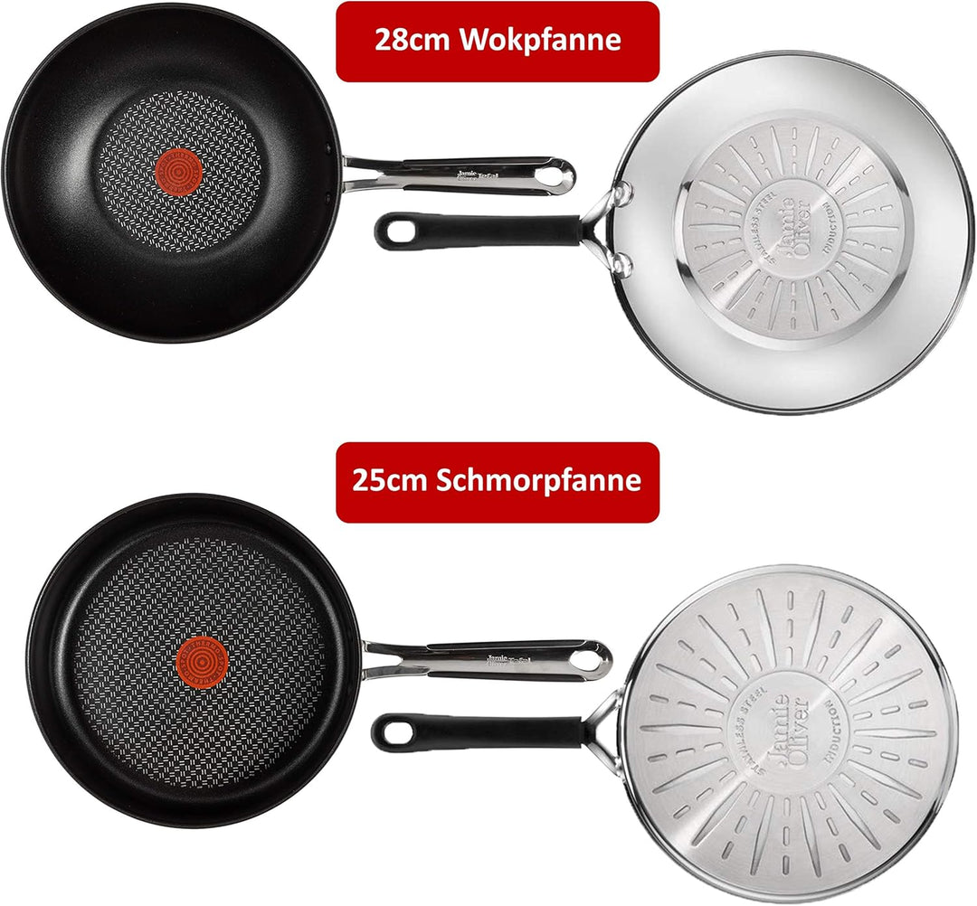 Tefal E30 Jamie Oliver Pfannenset Induktion 5 tlg -SET8- WOK-Pfanne 28 cm tief + Schmorpfanne 25 cm