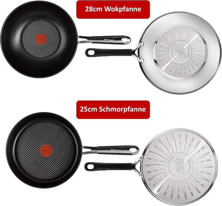 Tefal E30 Jamie Oliver Pfannenset Induktion 5 tlg -SET8- WOK-Pfanne 28 cm tief + Schmorpfanne 25 cm