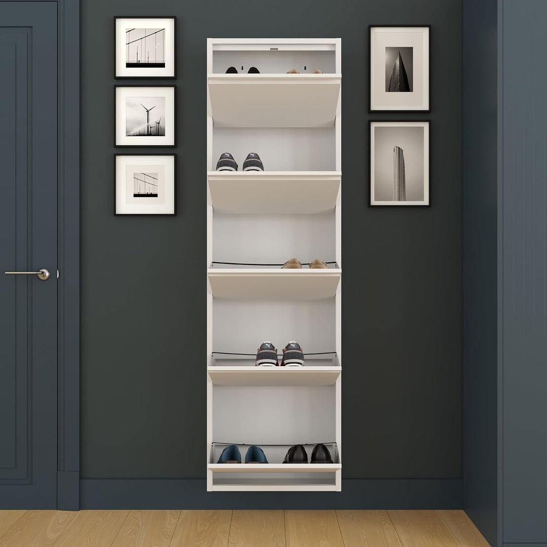 furni24 Schuhschrank, 5 Klappen, Metall, 10–14 Paar, wandmontierbar, vormontiert – Weiss 5 Klappen W