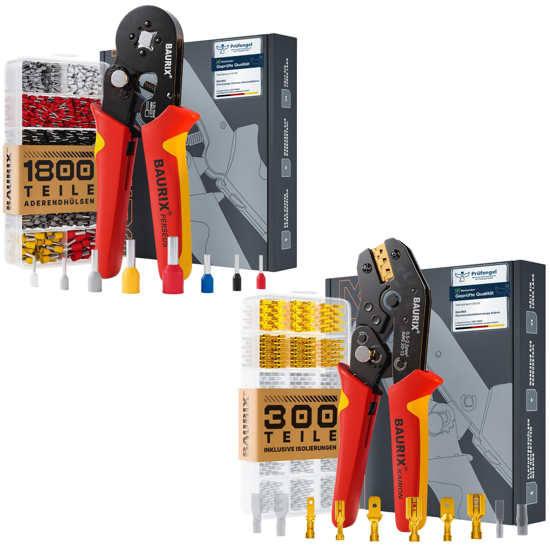 BAURIX® Crimpzangen Set – PERSEUS Aderendhülsenzange 0,25-10mm² mit 1800 Aderendhülsen & KAIRON Crim
