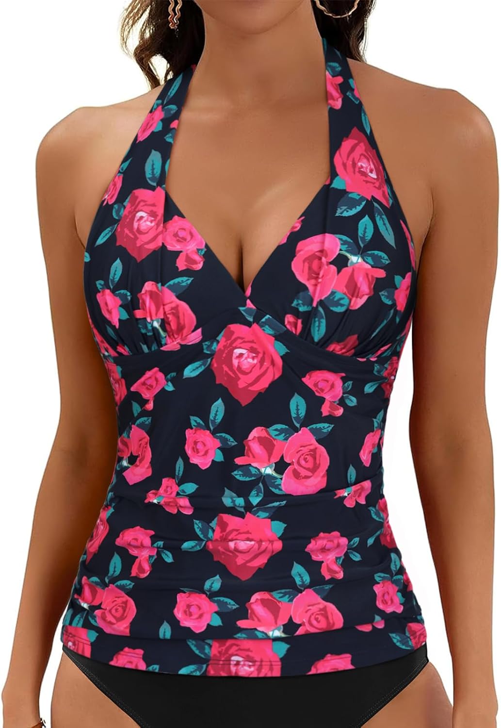 Hilor Women's Plunging V Neck Halter Swim Tops Shirred Tankini Top New Version Red Rose 12