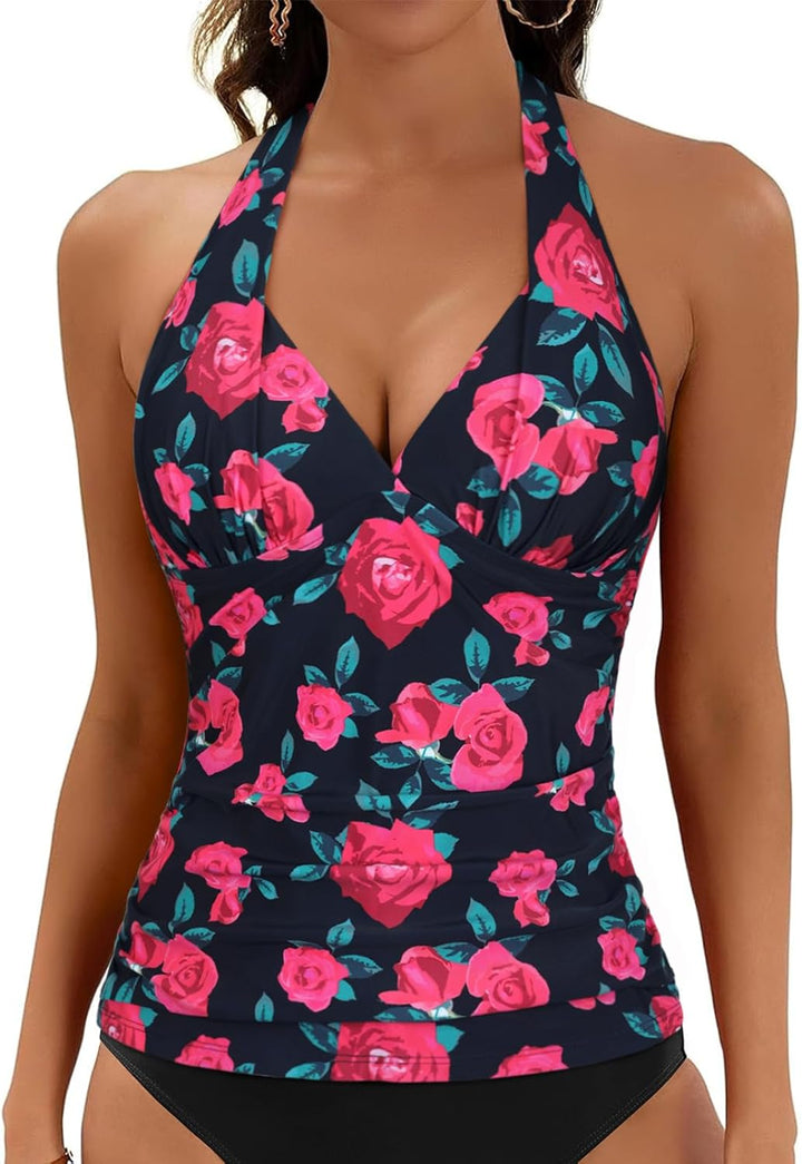 Hilor Women's Plunging V Neck Halter Swim Tops Shirred Tankini Top New Version Red Rose 12