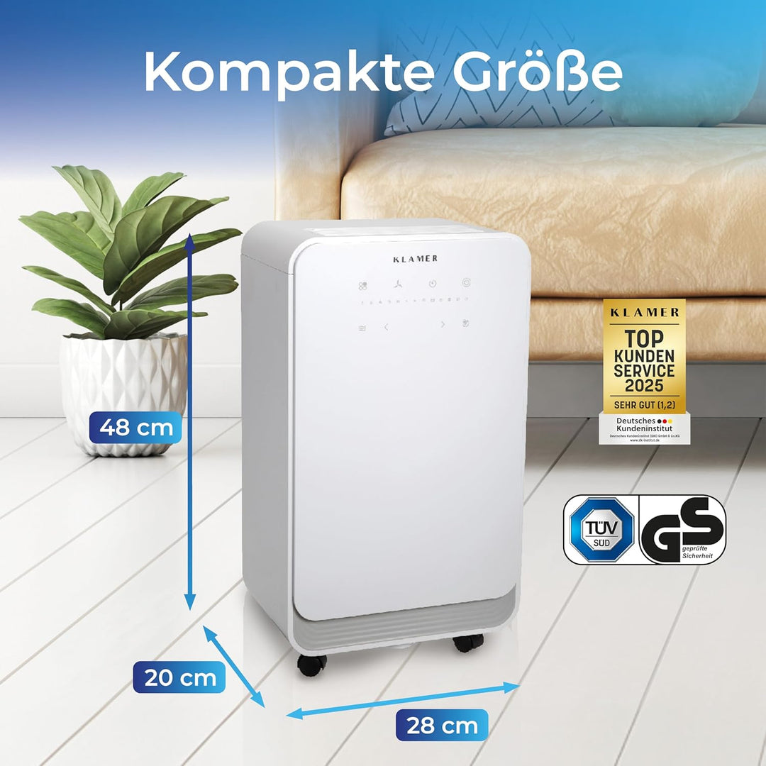 KLAMER Luftentfeuchter elektrisch 12L, 100m³ Luftumwälzung pro Stunde, 280W starker Raumentfeuchter,