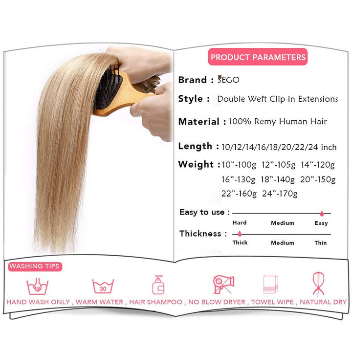 SEGO Clip in Extensions Echthaar Haarverlängerung Haarteil Doppelt 8 Teile hitzebeständig glatt Honi