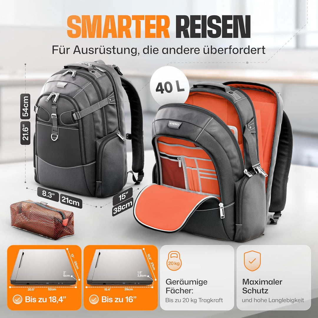Everki Business 120 2 Laptop-Rucksack mit Regenschutz, 40L Fassungsvermögen, grosses Fach für Laptop