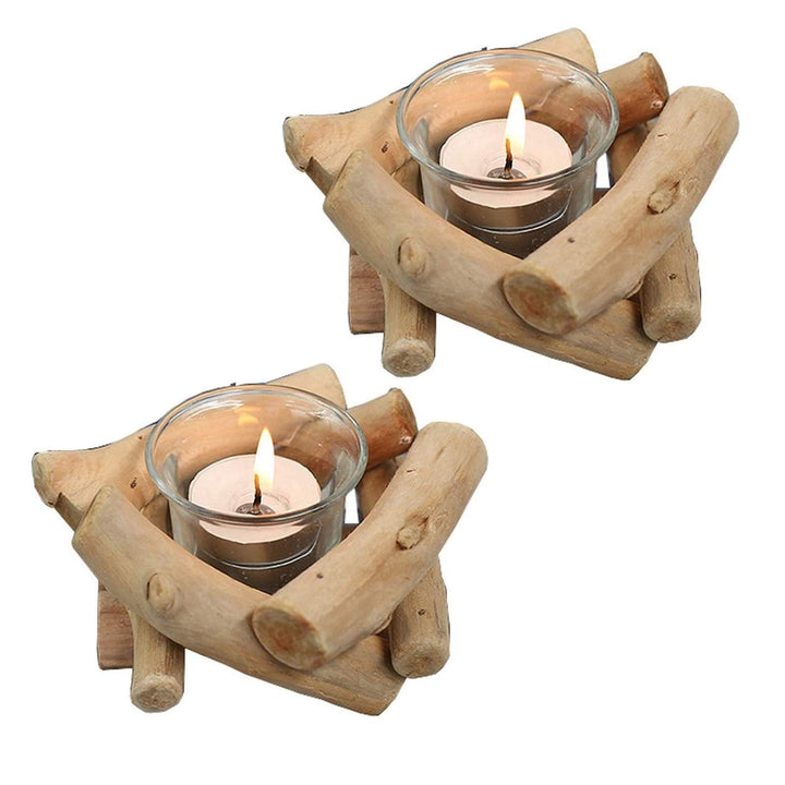 Sziqiqi Rustikale Kerzenständer Teelichthalter Holz 2er Set, Kerzenhalter Vintage mit Glas Tasse Win