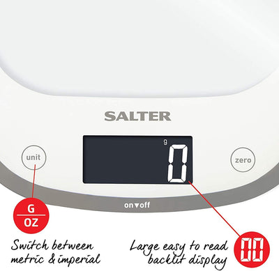 Salter 1050 WHDR Curve Digitale Küchenwaage Weiss, Schlankes Glas elektrische küchenwaagen, grosse O
