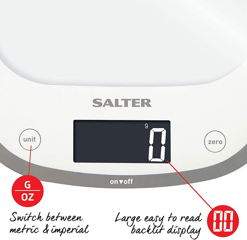 Salter 1050 WHDR Curve Digitale Küchenwaage Weiss, Schlankes Glas elektrische küchenwaagen, grosse O