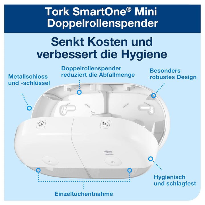 Tork SmartOne® Mini Doppelrollenspender für Toilettenpapier Weiss T9, Hohe Kapazität, Elevation Lini