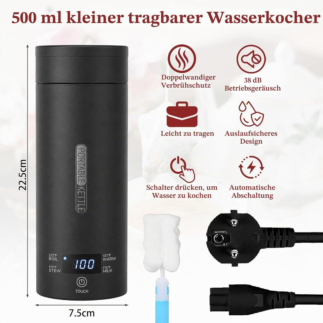 Herbst Reisewasserkocher Klein 500ML, Tragbarer Reise Wasserkocher mit Temperatureinstellung, Portab