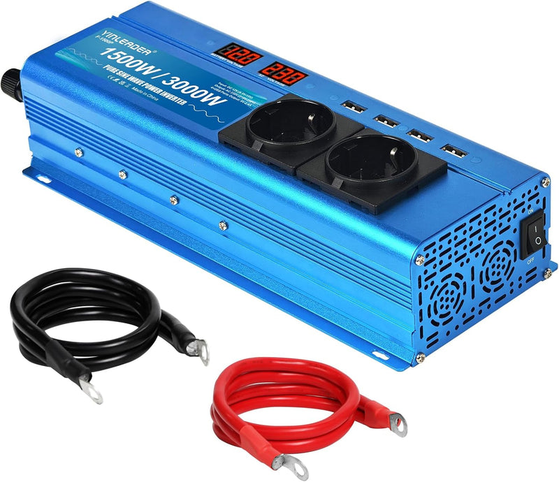 Wechselrichter 1500W 12V 230V Reiner Sinus Spannungswandler mit 2 AC-Steckdose 4 USB 2 LED