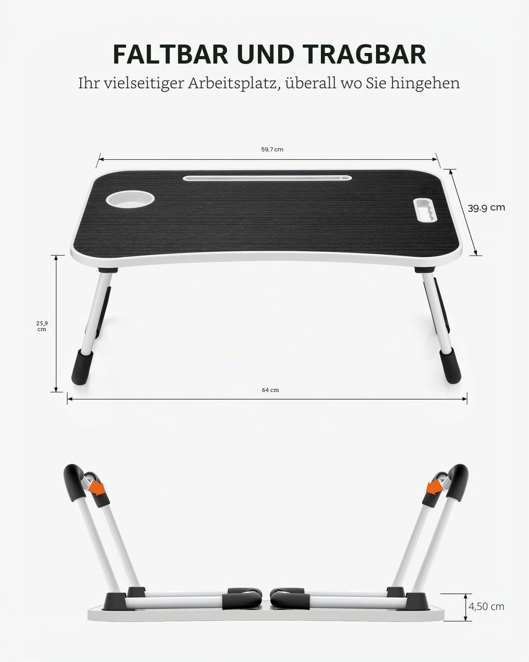 Faltbarer Laptoptisch, tragbarer Schossschreibtisch, Betttisch, Laptop-Ständer mit Getränkehalter &