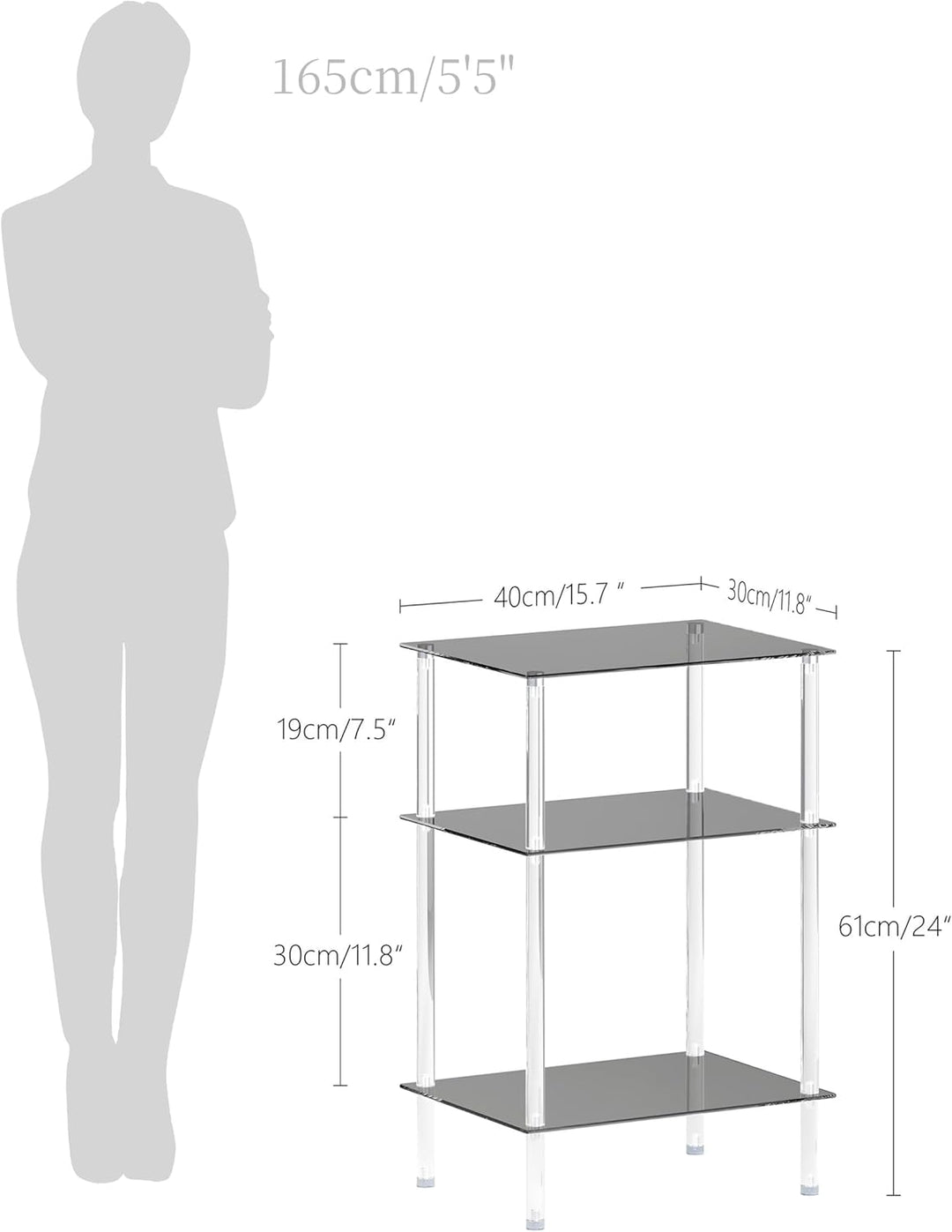 Moderner Beistelltisch Glas Eckig Transparenter Tisch mit 3 Ablagen Nachttisch Glastisch Side Table