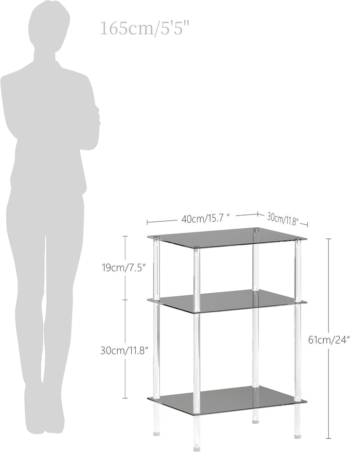 Moderner Beistelltisch Glas Eckig Transparenter Tisch mit 3 Ablagen Nachttisch Glastisch Side Table
