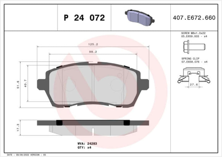 Brembo P 24 072 Bremsbelagsatz, Scheibenbremse - (4-teilig)