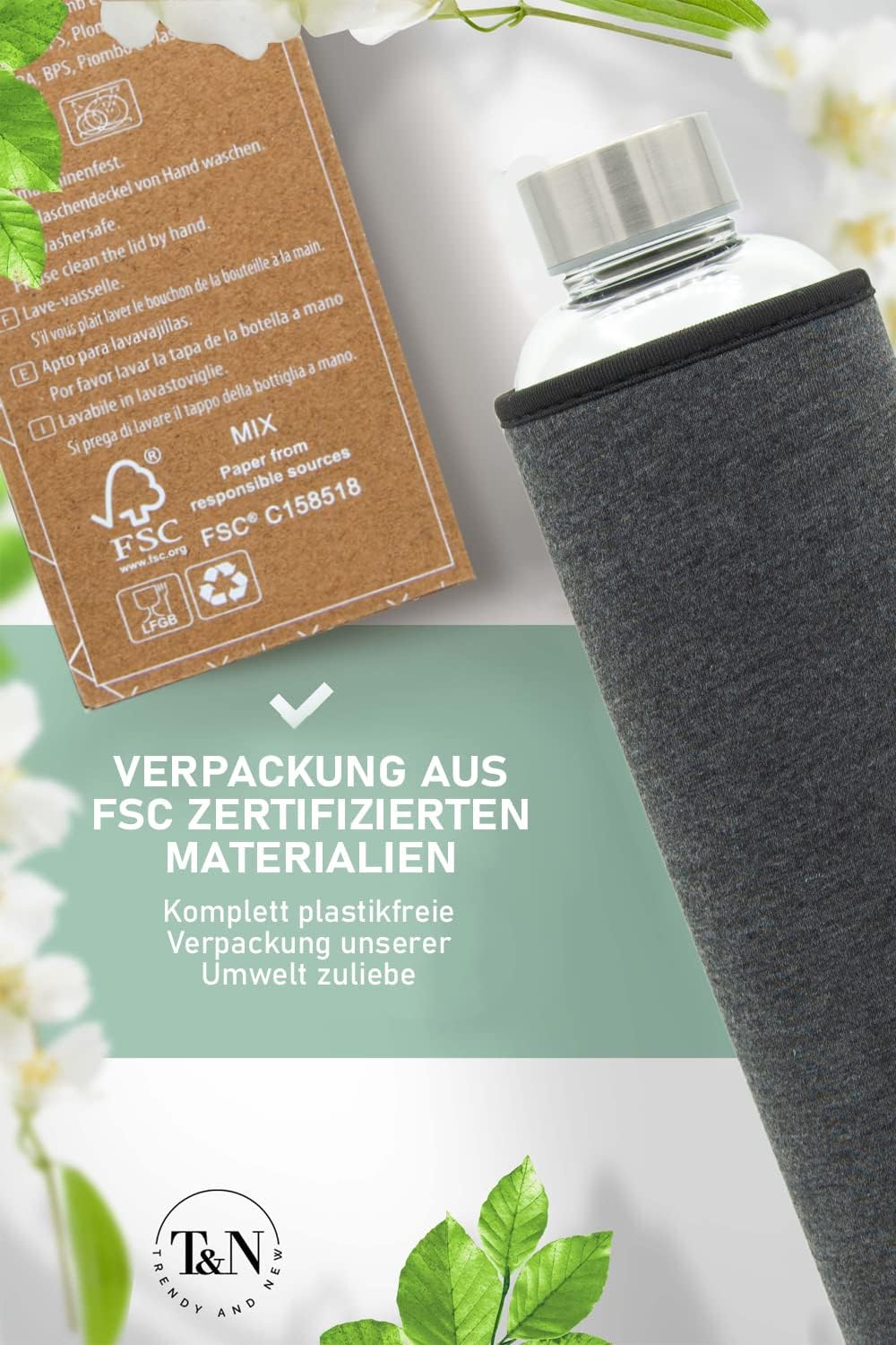 T&N Glasflasche 1 Liter / 750ml / 500ml – Trinkflasche Glas 1l mit Neoprenhülle – Wasserflasche Ausl