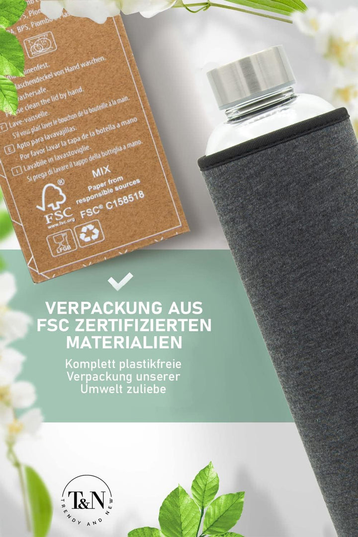 T&N Glasflasche 1 Liter / 750ml / 500ml – Trinkflasche Glas 1l mit Neoprenhülle – Wasserflasche Ausl
