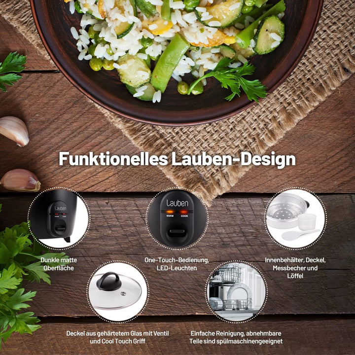 Lauben Rice Cooker 600BC Reiskocher mit Fassungsvermögen 0,6l, Metalldämpfeinsatz, Deckel aus gehärt