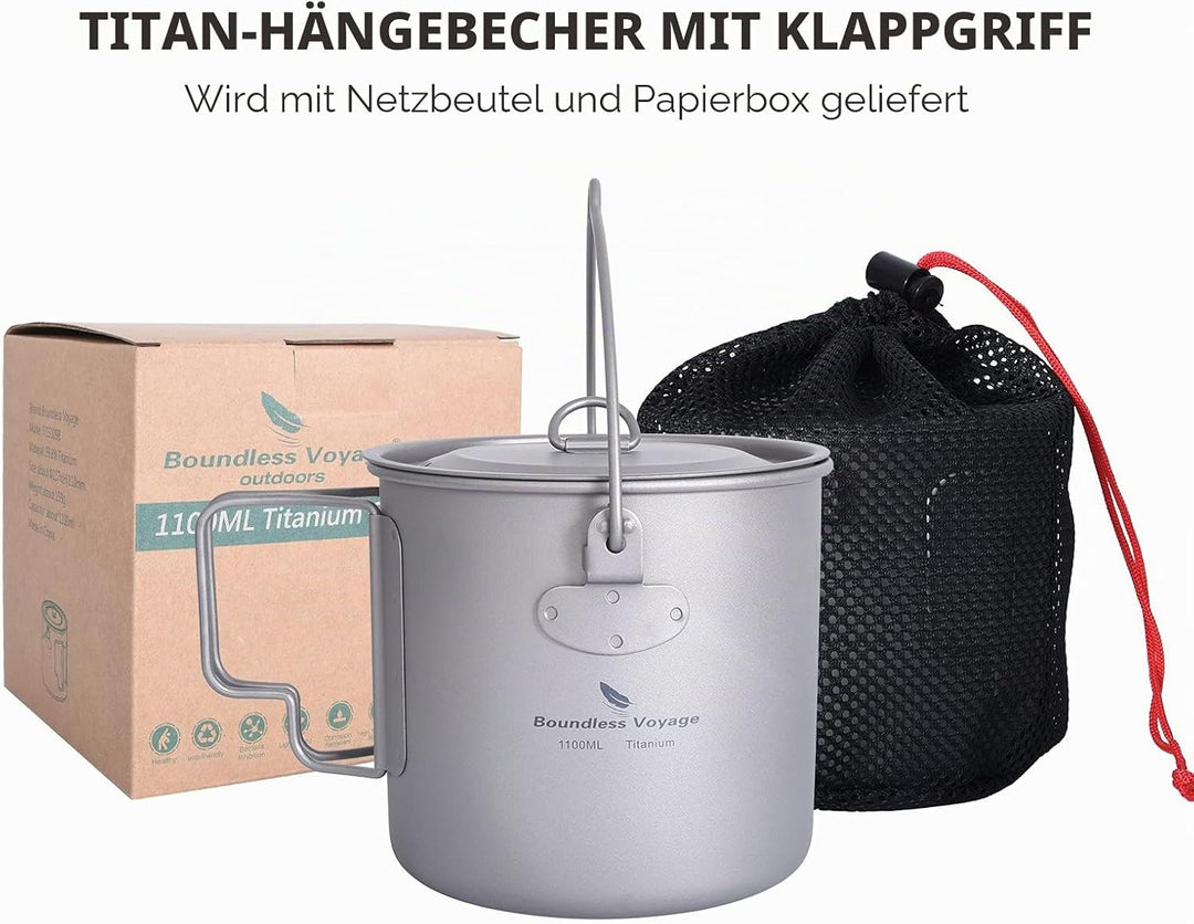 iBasingo Titan Topf Camping Becher 750ml/900ml/1100ml/1250ml Hängetopf Leichtes Kochgeschirr Tragbar