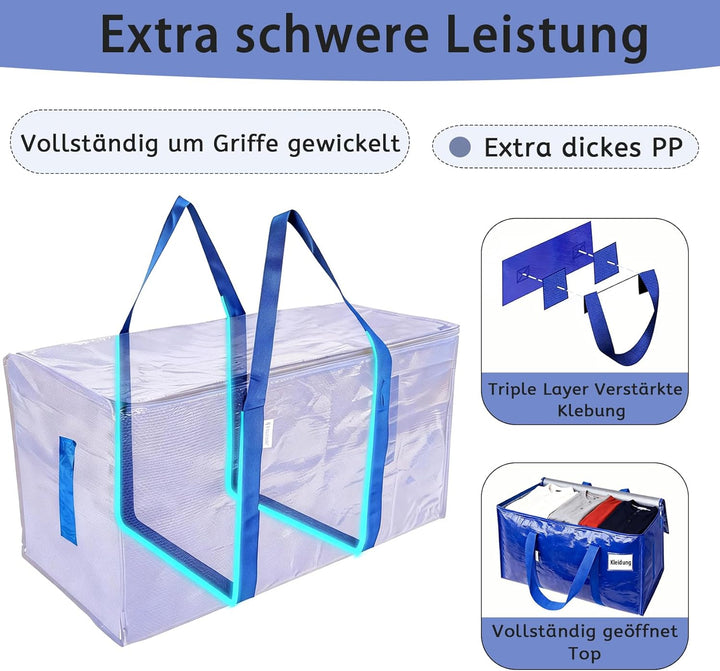 6 Stück 95L Übersized Aufbewahrungstasche,Blau,Aufbewahrungstaschen mit Deckeln,Heavy-Duty Umzugskar