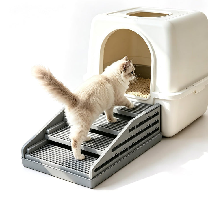 Katzenstreu Rampe mit Höhenverstellung, Faltbar Katzentreppe für Katzentoilette mit Filterfunktion,