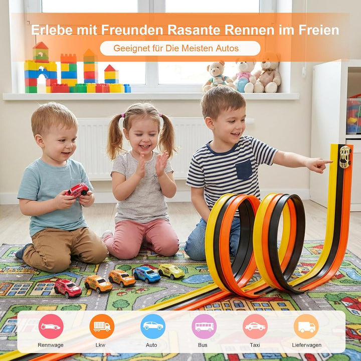 5M Flexible Autorennbahn Kinder, 3-in-1 Rennstrecke mit Rampen, Tragbare Rennbahn Flexibel mit 6 Aut