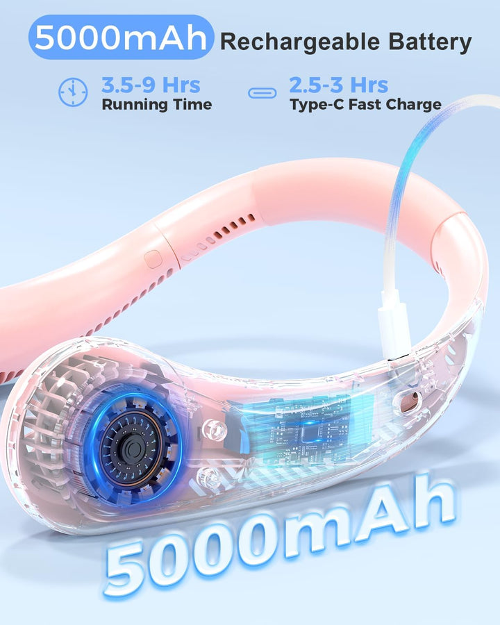 COMLIFE Tragbarer USB Ventilator, Leiser Mini Ventilator mit 5000mah Akku, 4 Geschwindigkeiten, Nack