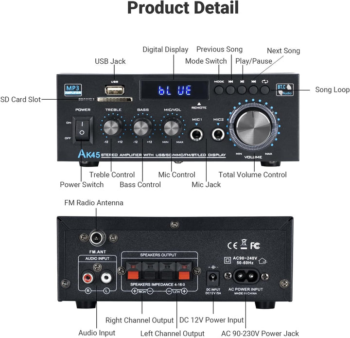 Bluetooth-Stereo-Receiver und Heim-Audioverstärker, 300 W x 2, 2-Kanal für Heimkino- und Regallautsp