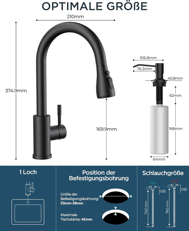 FORIOUS Küchenarmatur mit Seifenspender, ausziehbarer Wasserhahn Küche mit 2 Strahlarten, Einhebelmi