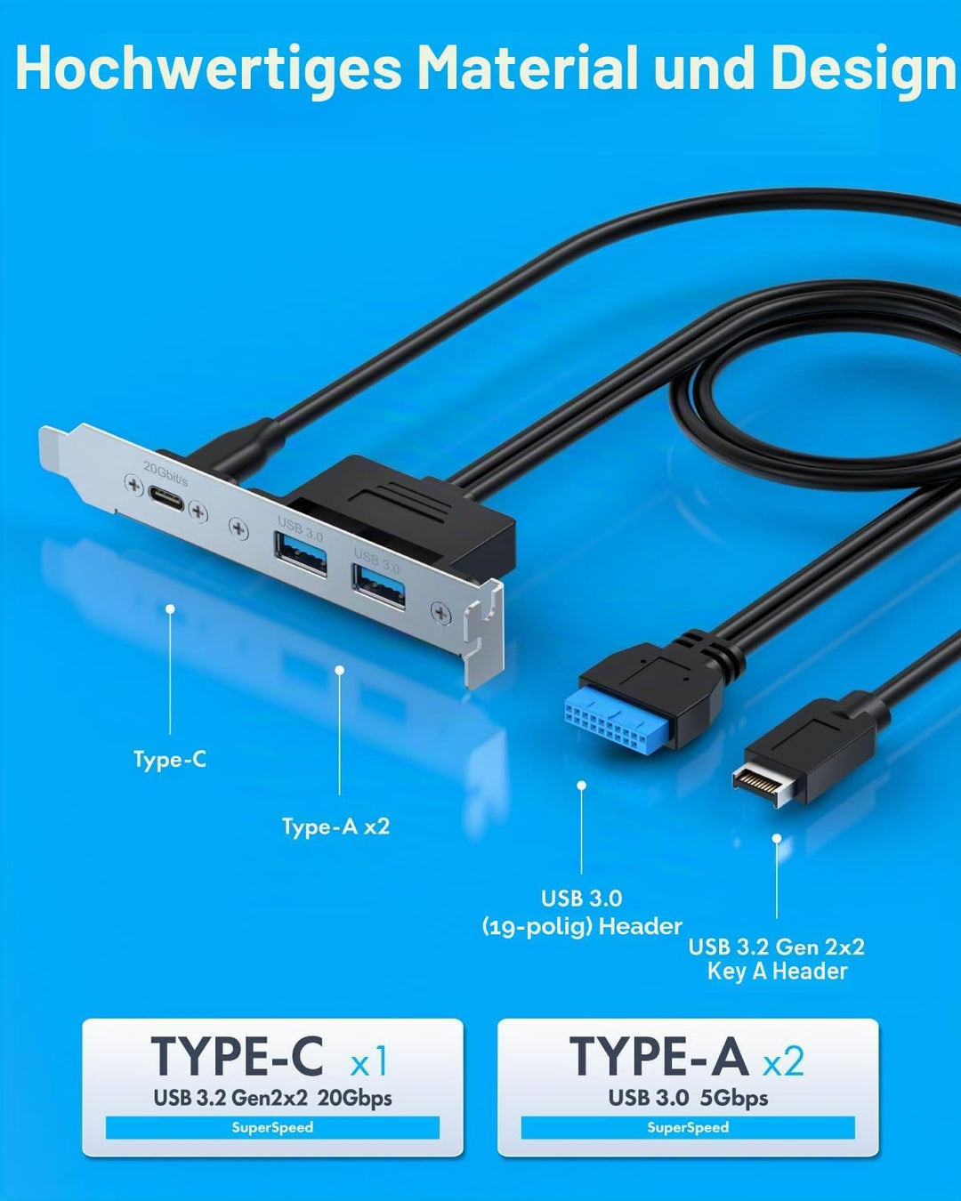 GRAUGEAR 20Gbit/s USB Port Typ-C & 2x Typ-A I USB HUB in PCI Slot [Extra HUB] Mainboard USB Verlänge