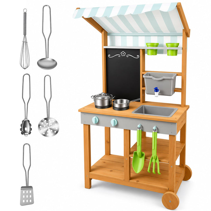 Matschküche Kinder Outdoor Holz mit Wasserdichtem Dach & Rädern, Kinderküche mit Wassertank Wasserha